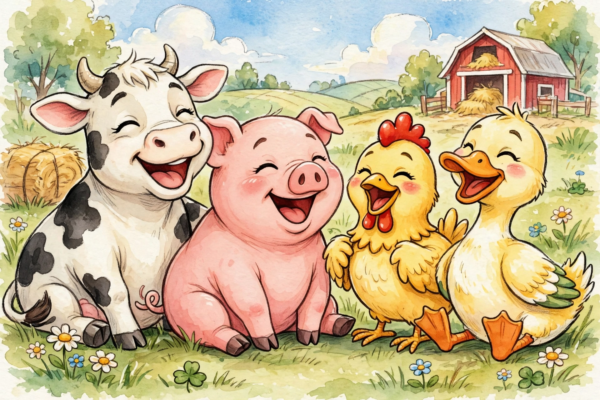 Funny cartoon farm animals laughing at animal jokes for kids