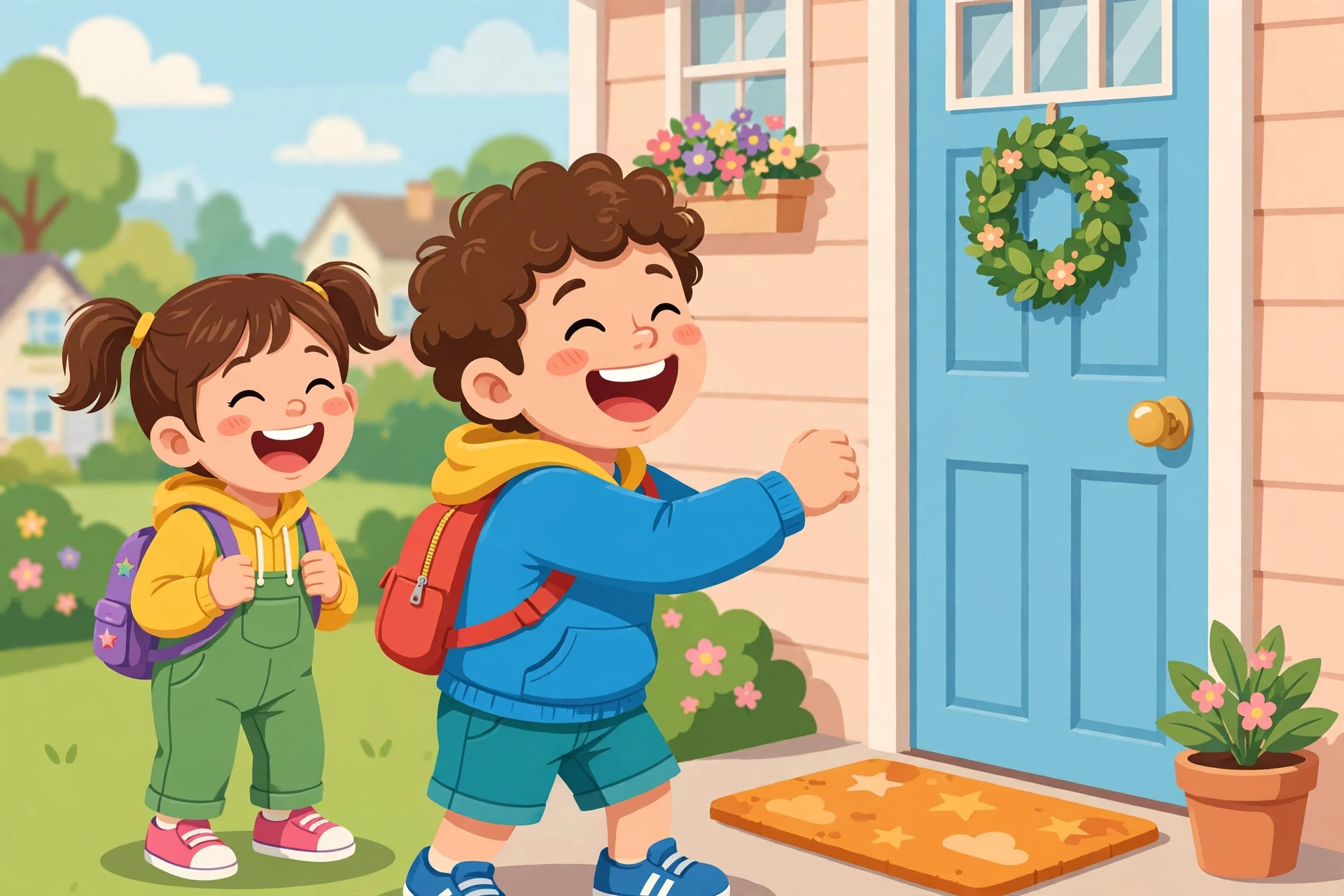 Two kids laughing while telling knock knock jokes for kids at a front door