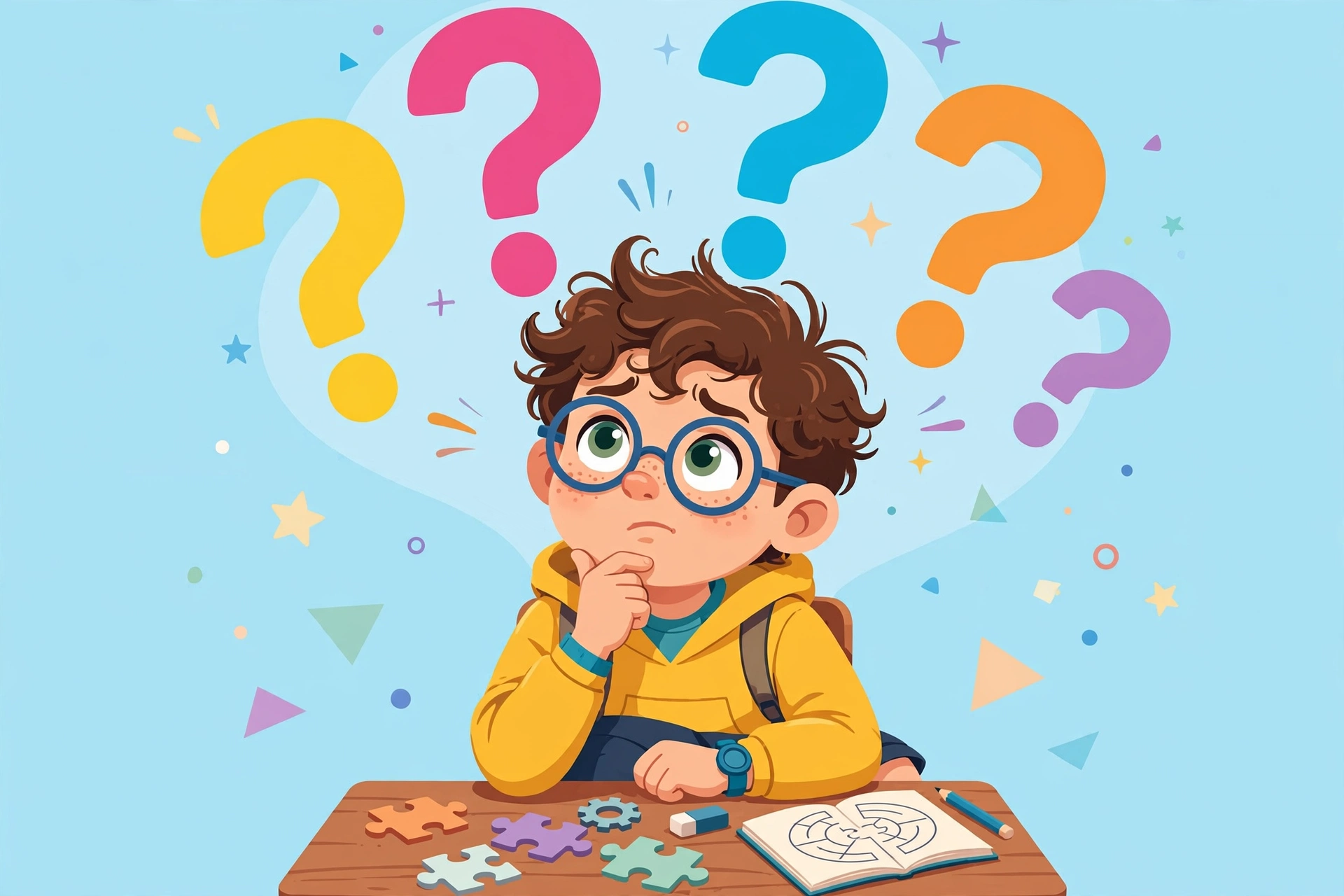 Curious kid thinking about easy riddles for kids with question marks